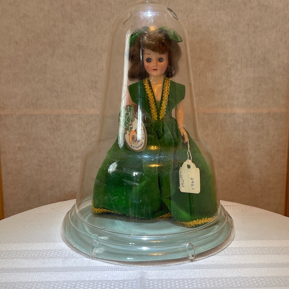 Vintage Emerald May Birthstone Doll 7” Rubber Band Attachment Inside w/ Dome